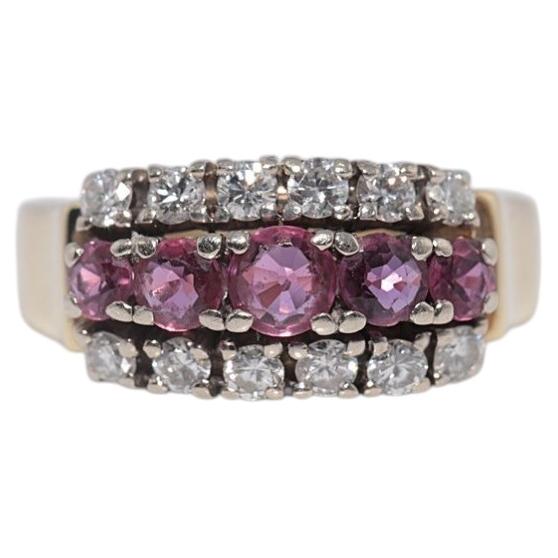 Bague vintage des années 1970, en or 14 carats, ornée de diamants naturels et de rubis