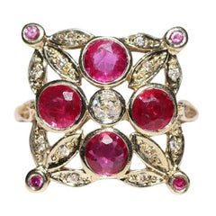 Vintage Circa 1970s 14k Gold Natural Diamond And Ruby Decorated Cocktail Ring