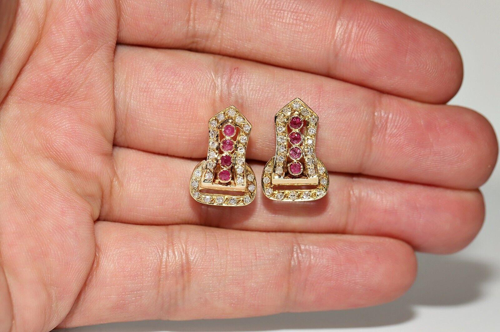 Single Cut Vintage Circa 1970s  14k Gold Natural Diamond And Ruby Decorated Earring For Sale