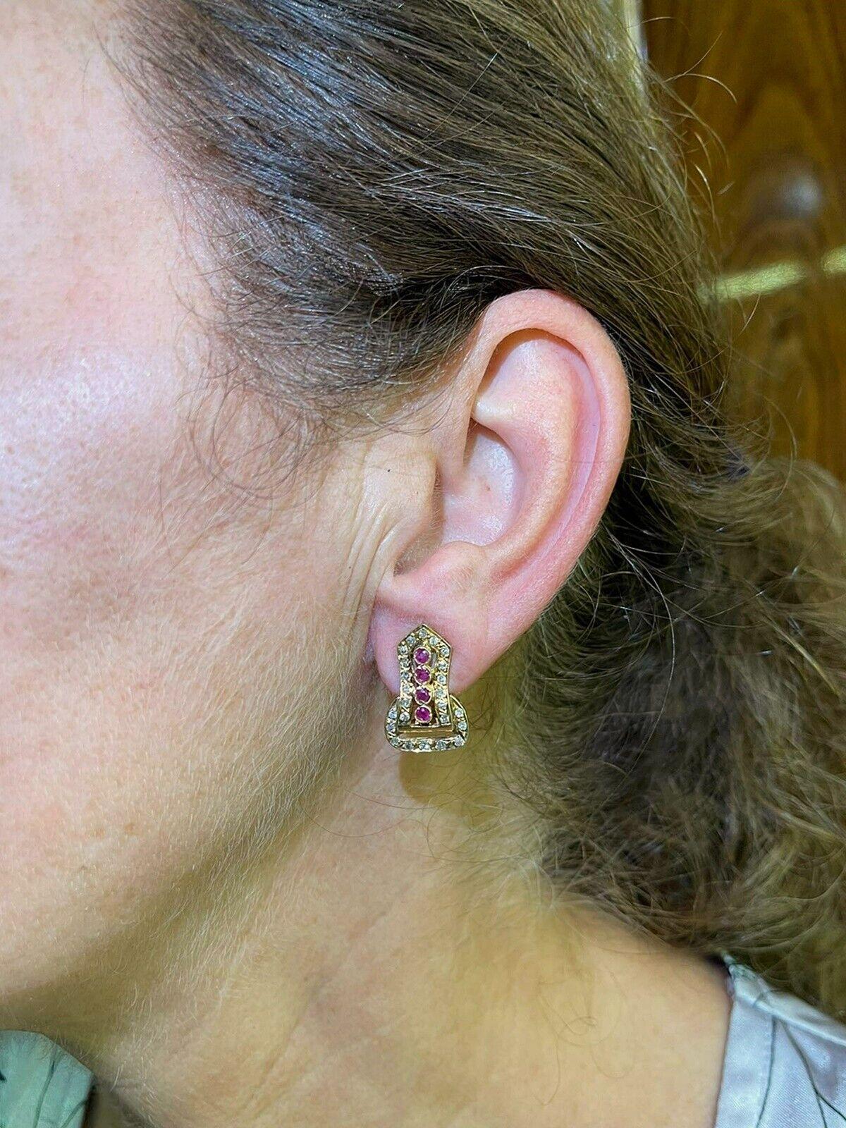Vintage Circa 1970s  14k Gold Natural Diamond And Ruby Decorated Earring For Sale 1