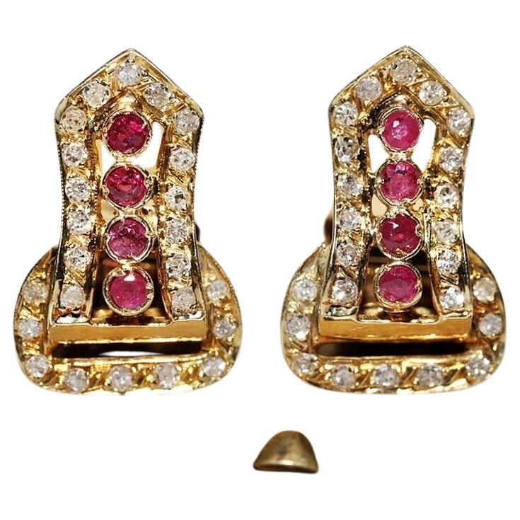 Circa 1970er Jahre  14k Gold Natürlicher Diamant- und Rubin-Ohrring mit Dekoration