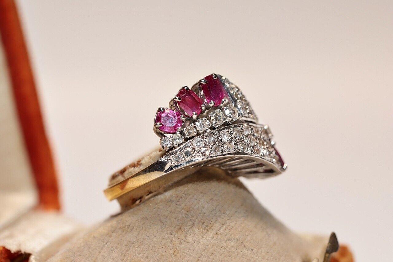 Vintage Circa 1970s 14k Gold Natural Diamond And Ruby Decorated Ring For Sale 7
