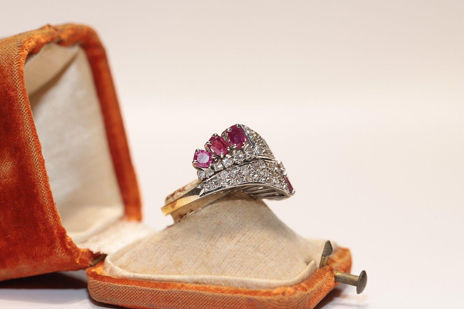 In very good condition.
Total weight is 8.5 grams.
Totally is diamond about 1.50 carat.
The diamond is has  H-I-J color and vs-s1 clarity.
Totally ruby is  about 1.20 carat.
Ring size is US 7.5 (We offer free resizing)
Acid tested to be 14k real