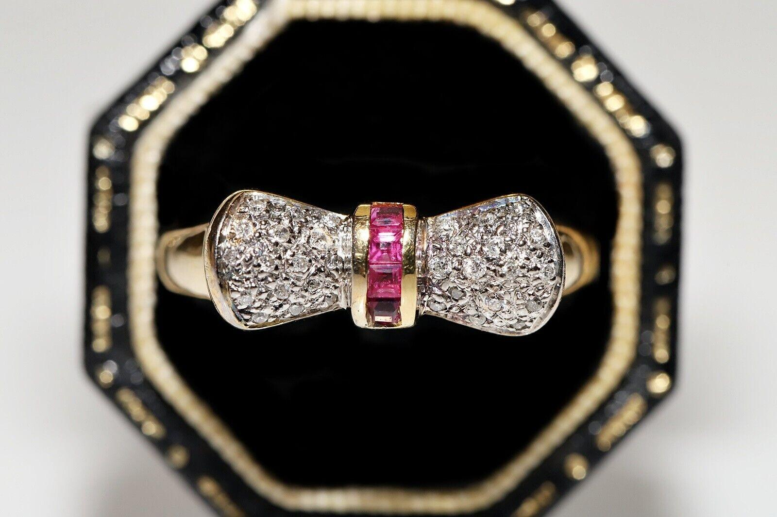 Retro Vintage Circa 1970s 14k Gold Natural Diamond And Ruby Decorated Ring  For Sale