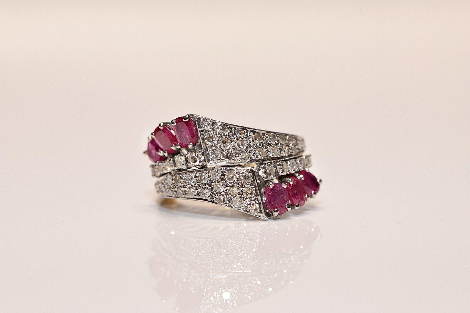 Retro Vintage Circa 1970s 14k Gold Natural Diamond And Ruby Decorated Ring For Sale