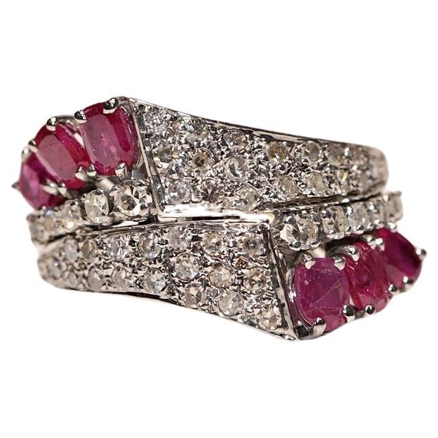 Vintage Circa 1970s 14k Gold Natural Diamond And Ruby Decorated Ring For Sale