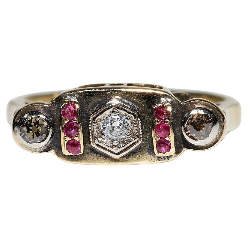 Vintage Circa 1970s 14k Gold Natural Diamond And Ruby Decorated Ring