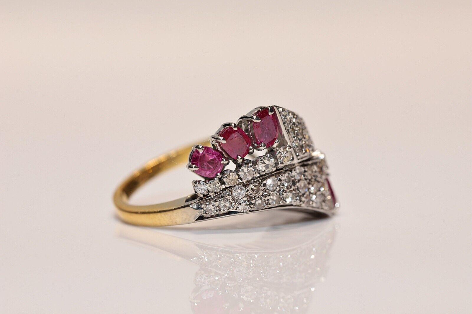 Taglio brillante Anello forte decorato con diamanti naturali e rubini in oro 14k CIRCA 1970 in vendita