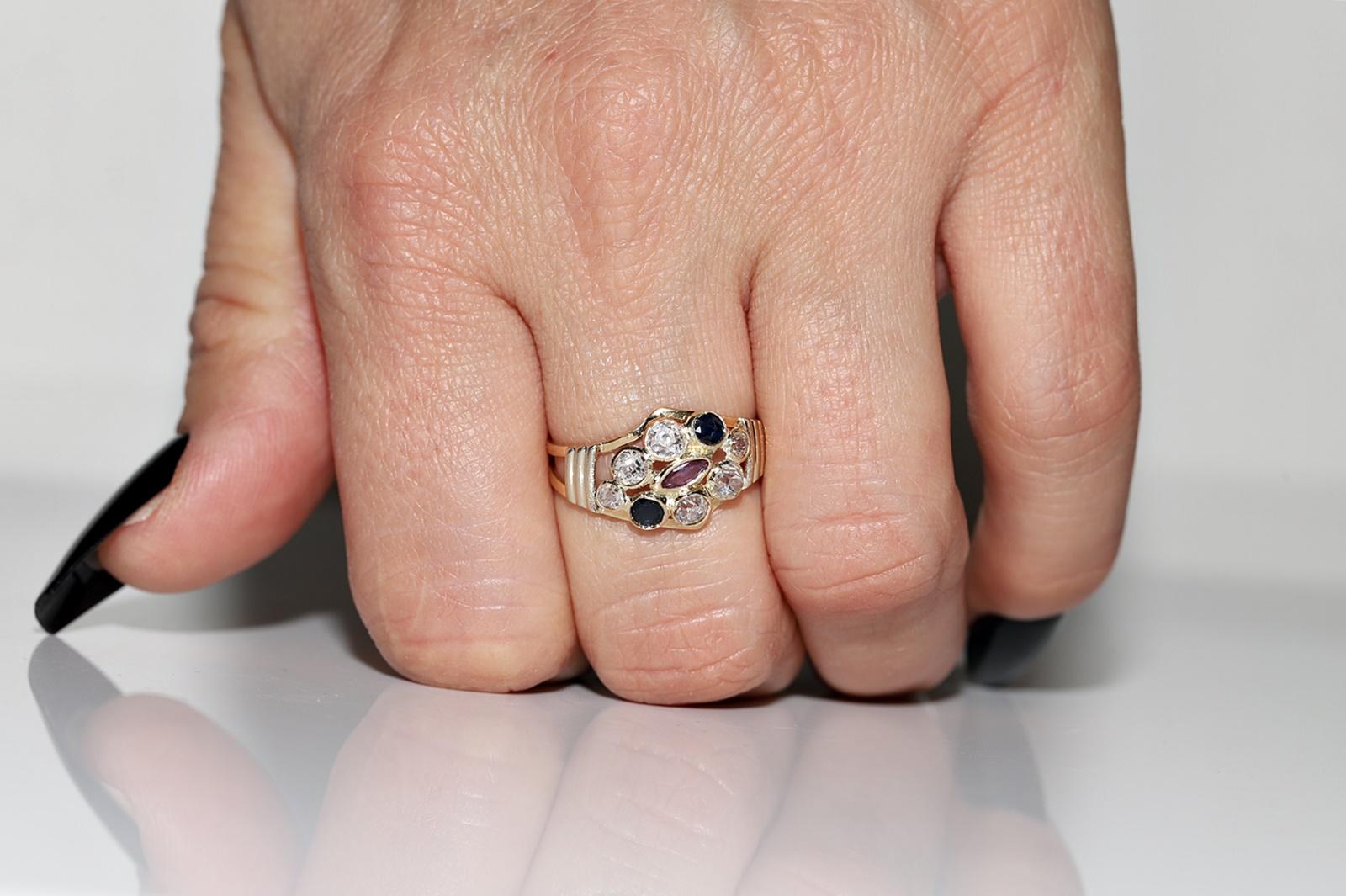 Old Mine Cut Vintage Circa 1970s 14k Gold Natural Diamond And Sapphire And Ruby Ring  For Sale