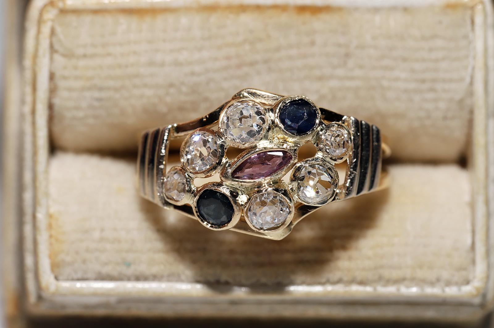 Vintage Circa 1970er Jahre 14k Gold Ring mit natürlichem Diamant und Saphir und Rubin  im Zustand „Gut“ im Angebot in Fatih/İstanbul, 34