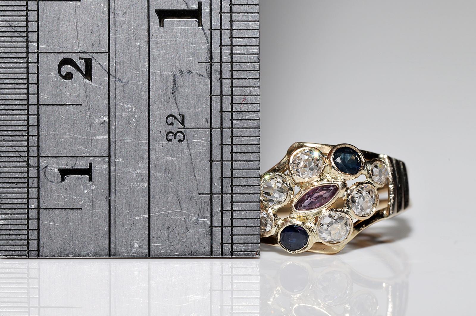 Vintage Circa 1970er Jahre 14k Gold Ring mit natürlichem Diamant und Saphir und Rubin  im Angebot 2