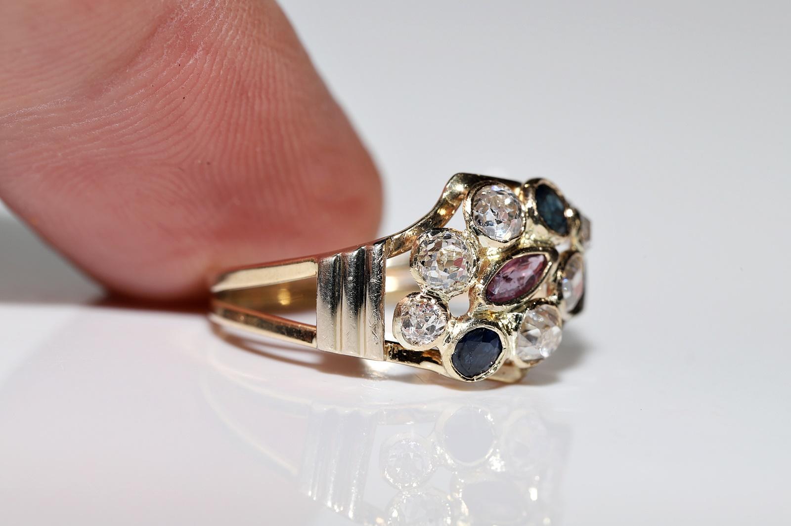 Vintage Circa 1970er Jahre 14k Gold Ring mit natürlichem Diamant und Saphir und Rubin  im Angebot 3