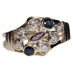 Vintage Circa 1970er Jahre 14k Gold Ring mit natürlichem Diamant und Saphir und Rubin 