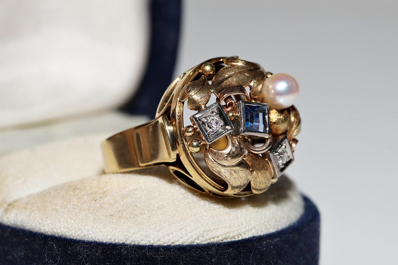 Vintage Circa 1970er Jahre 14k Gold Natürlicher Diamant und Saphir Dekorierter Ring Damen im Angebot