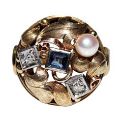 Vintage Circa 1970er Jahre 14k Gold Natürlicher Diamant und Saphir Dekorierter Ring