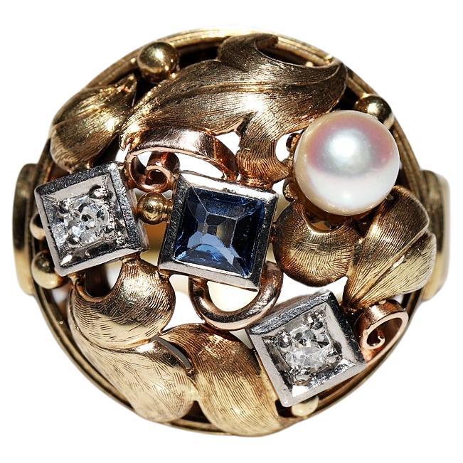 Vintage Circa 1970er Jahre 14k Gold Natürlicher Diamant und Saphir Dekorierter Ring  im Angebot