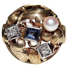 Vintage Circa 1970er Jahre 14k Gold Natürlicher Diamant und Saphir Dekorierter Ring 