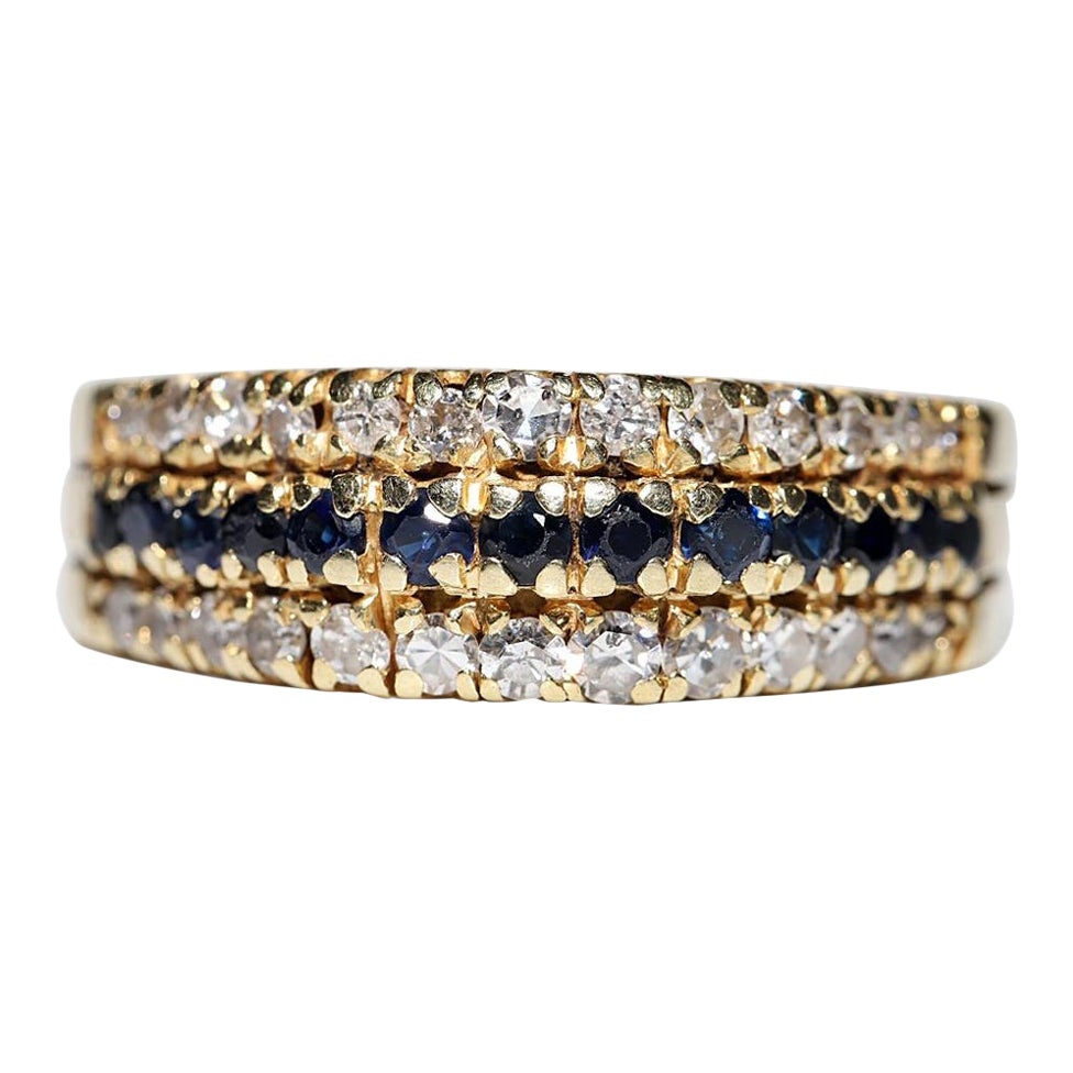 Anello decorato con diamanti naturali e zaffiri in oro 14k, vintage, circa anni 
70