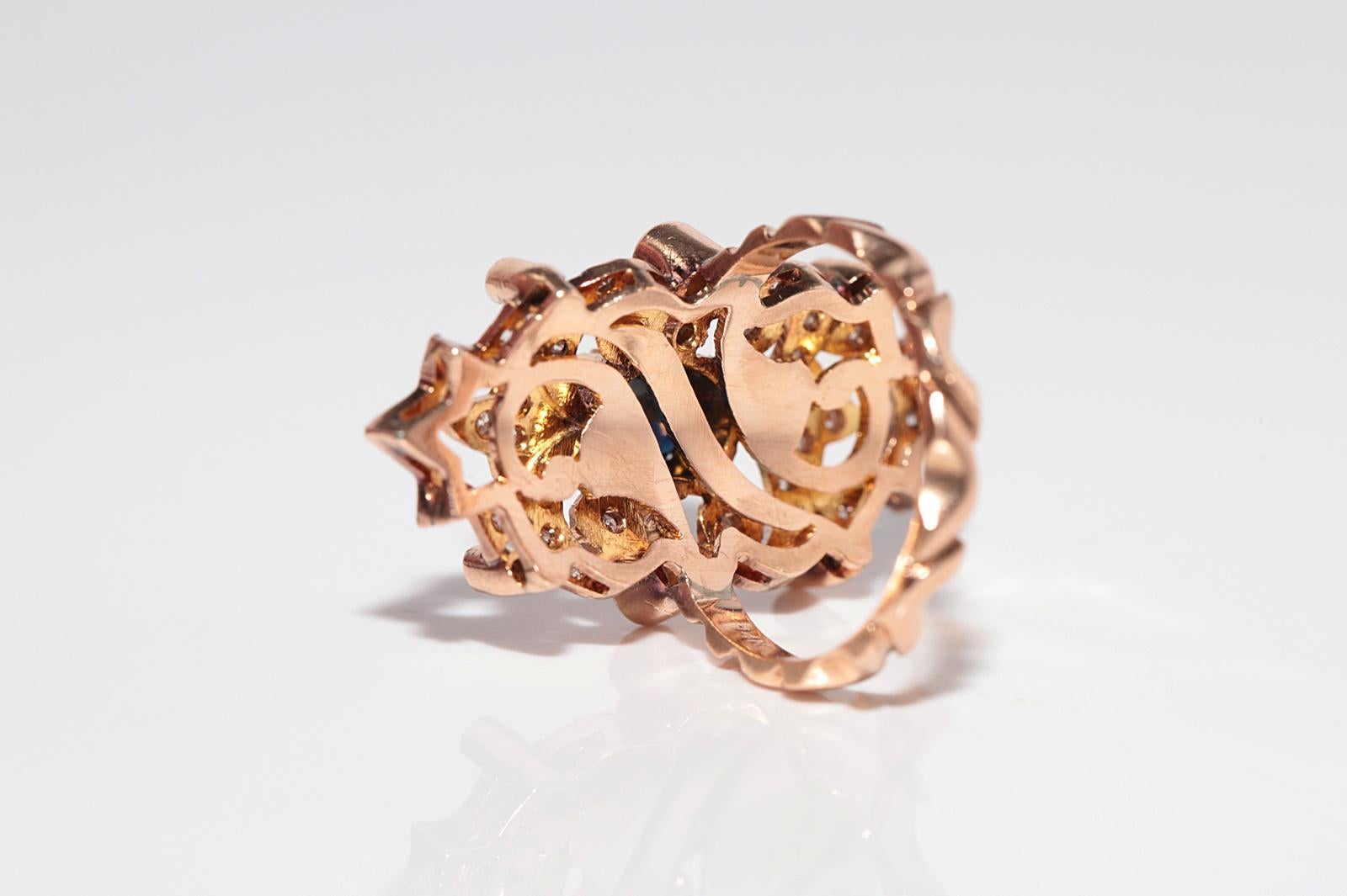 Vintage CIRCA 1970 Bague en or 14k diamant naturel et saphir Navette en vente 5