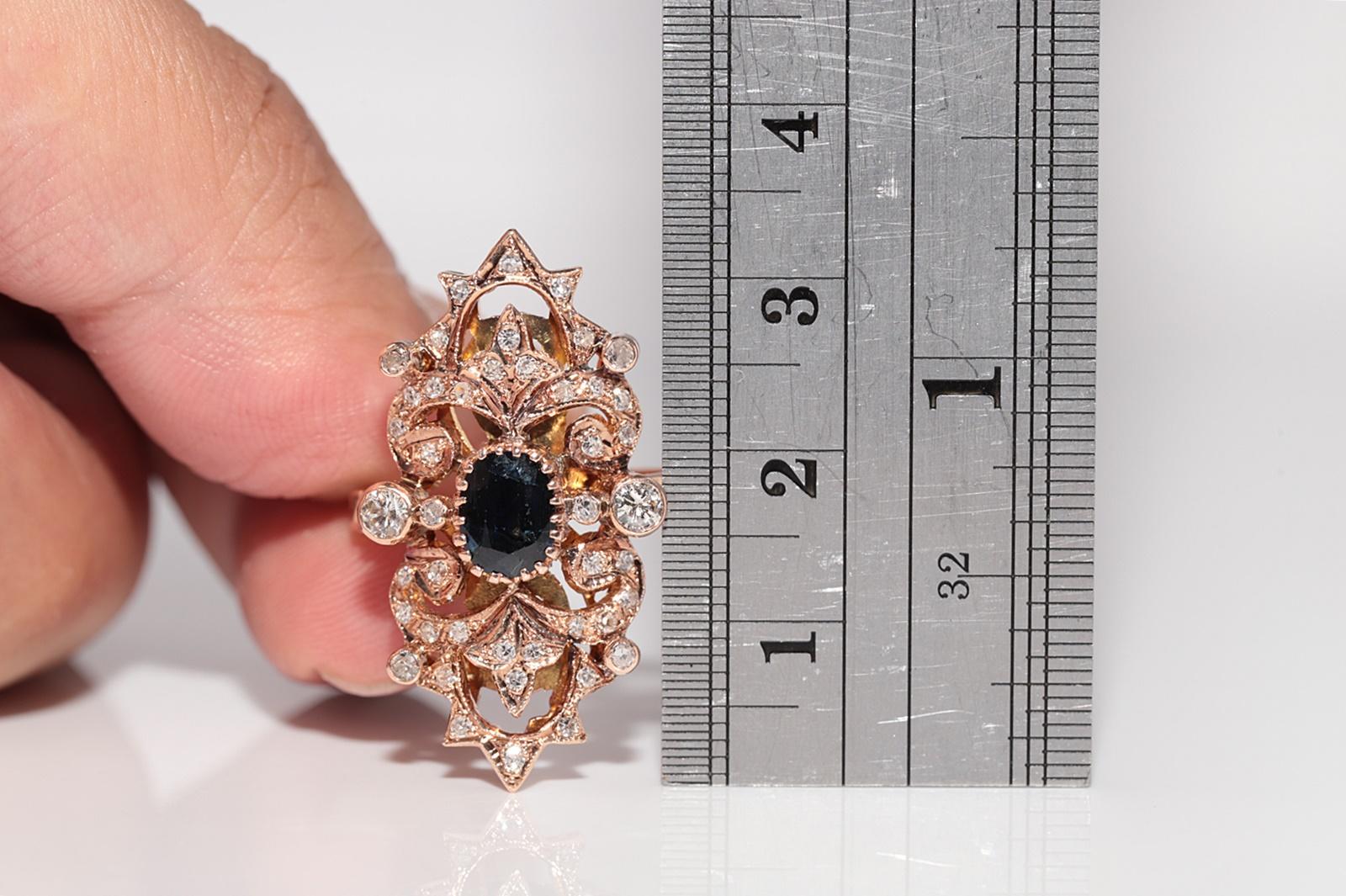Vintage CIRCA 1970 Bague en or 14k diamant naturel et saphir Navette en vente 7
