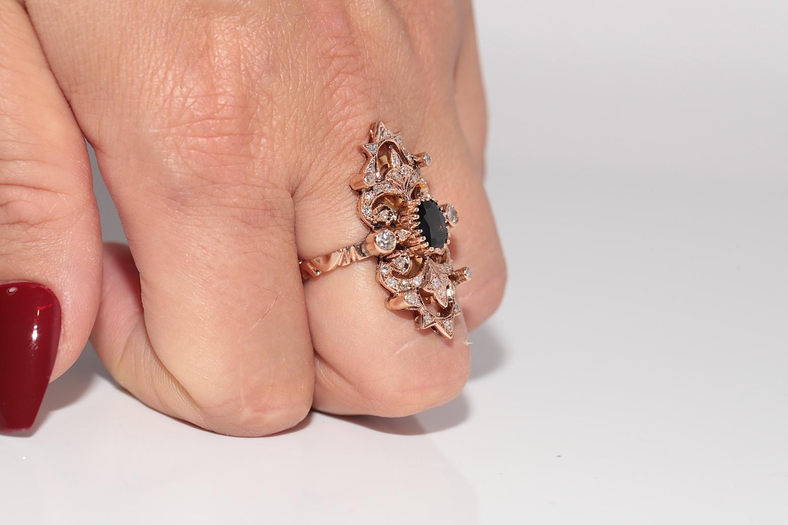Vintage CIRCA 1970 Bague en or 14k diamant naturel et saphir Navette Bon état - En vente à Fatih/İstanbul, 34