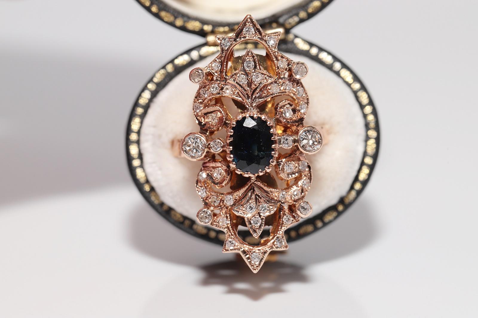 Vintage CIRCA 1970 Bague en or 14k diamant naturel et saphir Navette Pour femmes en vente