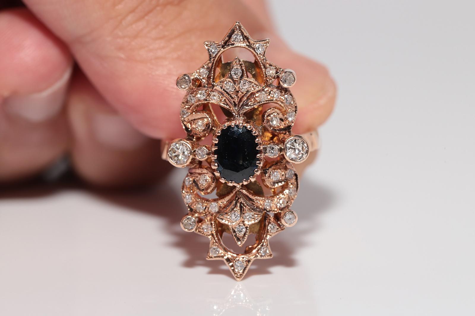 Vintage CIRCA 1970 Bague en or 14k diamant naturel et saphir Navette en vente 2