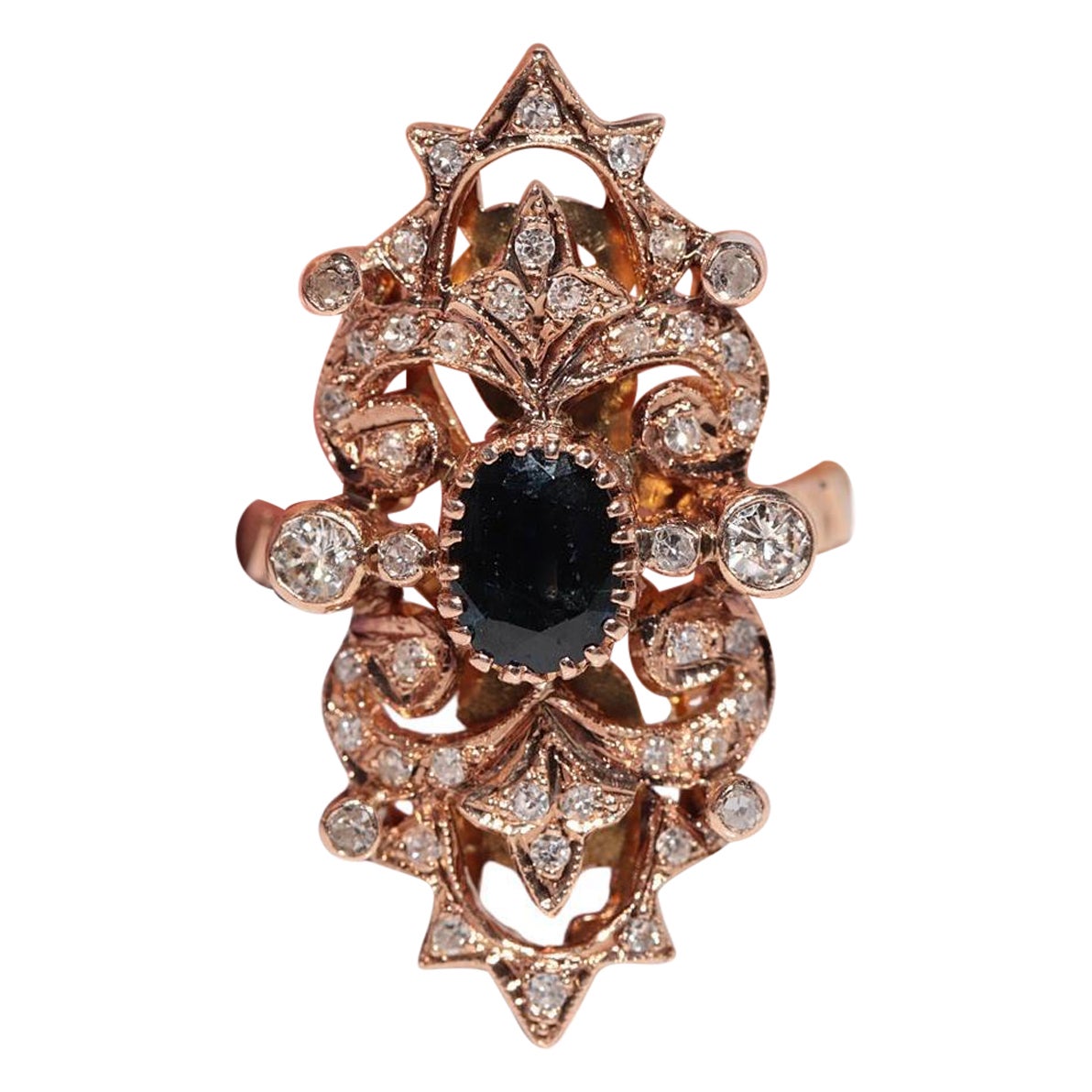 Anello con diamante naturale e zaffiro Navette in oro 14k, vintage, circa anni
70