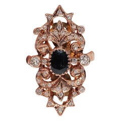 Vintage Circa 1970s 14k Gold Natural Diamond And Sapphire Navette Ring