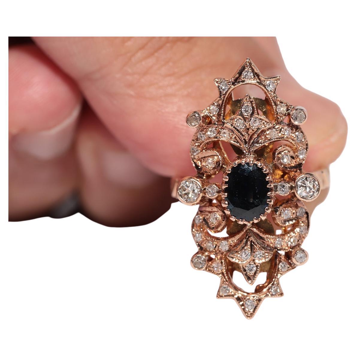 Vintage CIRCA 1970 Bague en or 14k diamant naturel et saphir Navette en vente