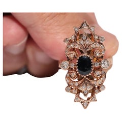 Vintage CIRCA 1970 Bague en or 14k diamant naturel et saphir Navette