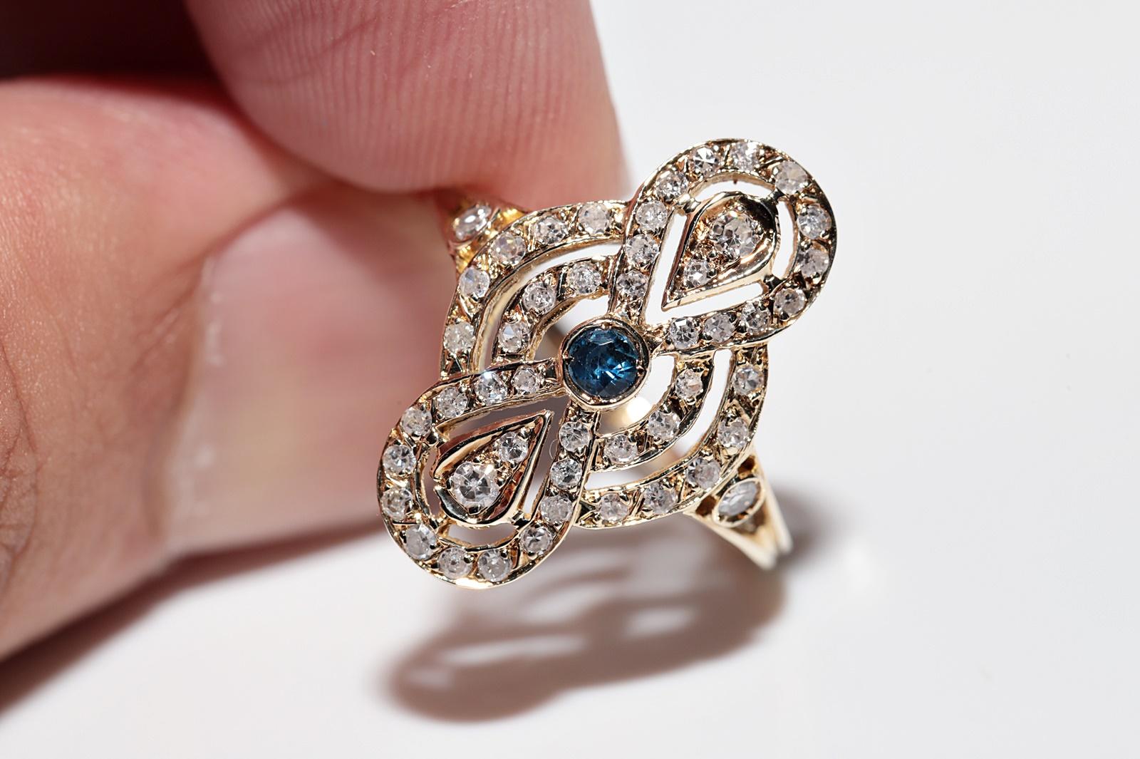 Anello stile Navette con diamanti naturali e zaffiri in oro 14k, vintage, circa anni '70 in vendita 4