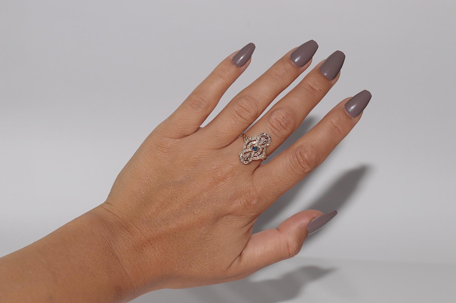 Anello stile Navette con diamanti naturali e zaffiri in oro 14k, vintage, circa anni '70 in vendita 5