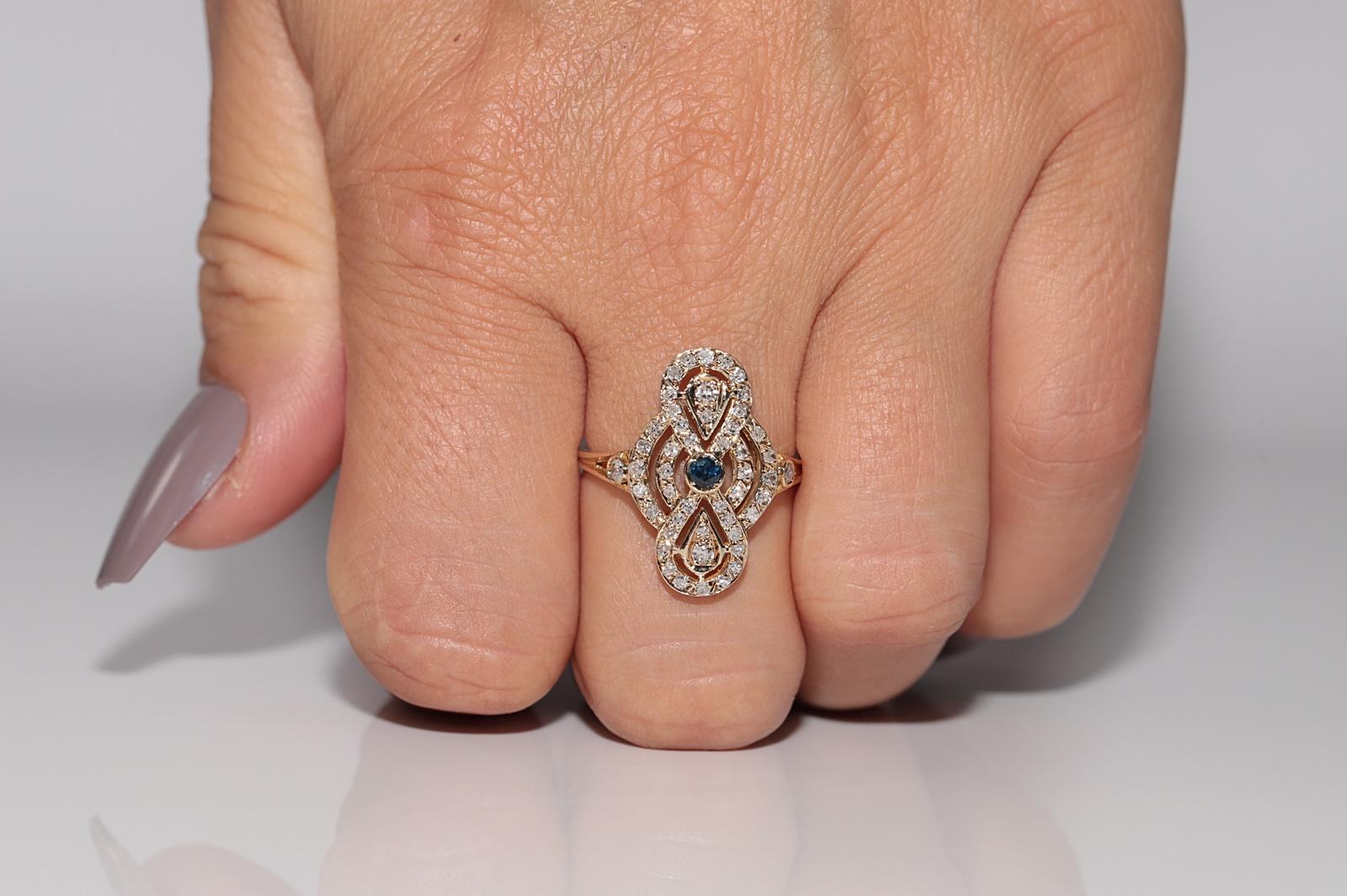 Anello stile Navette con diamanti naturali e zaffiri in oro 14k, vintage, circa anni '70 in vendita 7