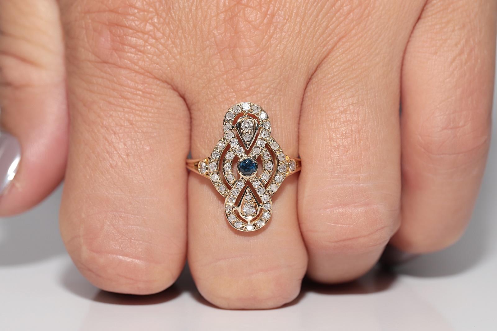 Anello stile Navette con diamanti naturali e zaffiri in oro 14k, vintage, circa anni '70 in vendita 8