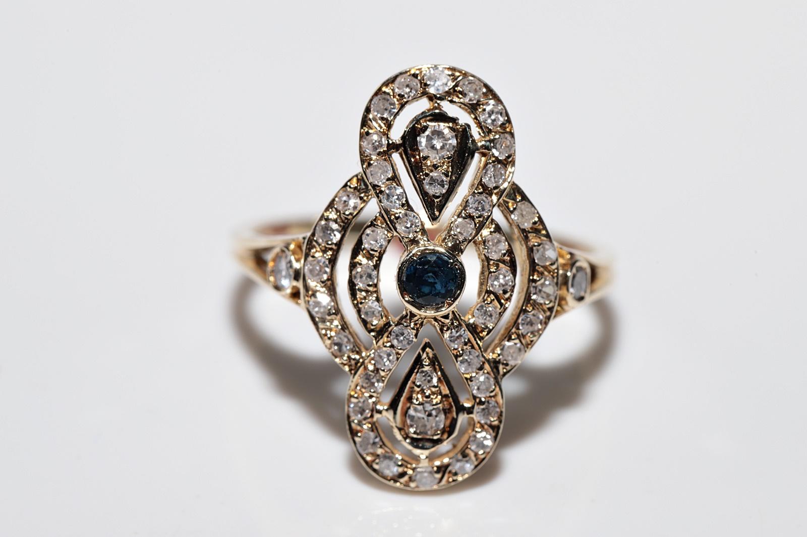 Rétro Anello stile Navette con diamanti naturali e zaffiri in oro 14k, vintage, circa anni '70 in vendita
