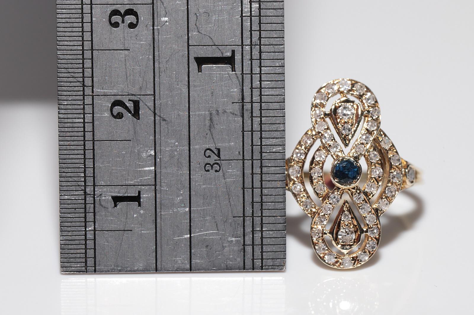 Taglio singolo Anello stile Navette con diamanti naturali e zaffiri in oro 14k, vintage, circa anni '70 in vendita