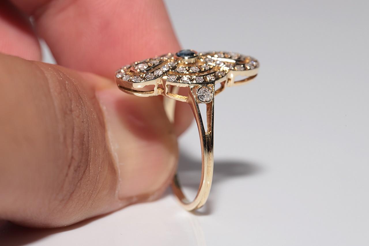 Anello stile Navette con diamanti naturali e zaffiri in oro 14k, vintage, circa anni '70 In condizioni buone in vendita a Fatih/İstanbul, 34