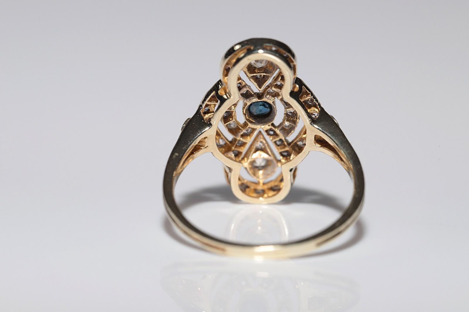 Anello stile Navette con diamanti naturali e zaffiri in oro 14k, vintage, circa anni '70 in vendita 1