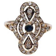 Anello stile Navette con diamanti naturali e zaffiri in oro 14k, vintage, circa anni '70