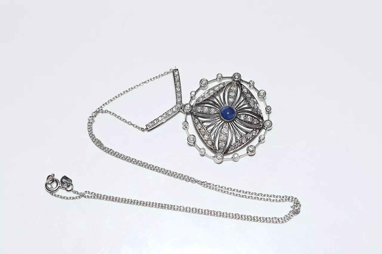 Collier pendentif vintage des années 1970 en or 14 carats avec diamants naturels et saphirs en vente 4