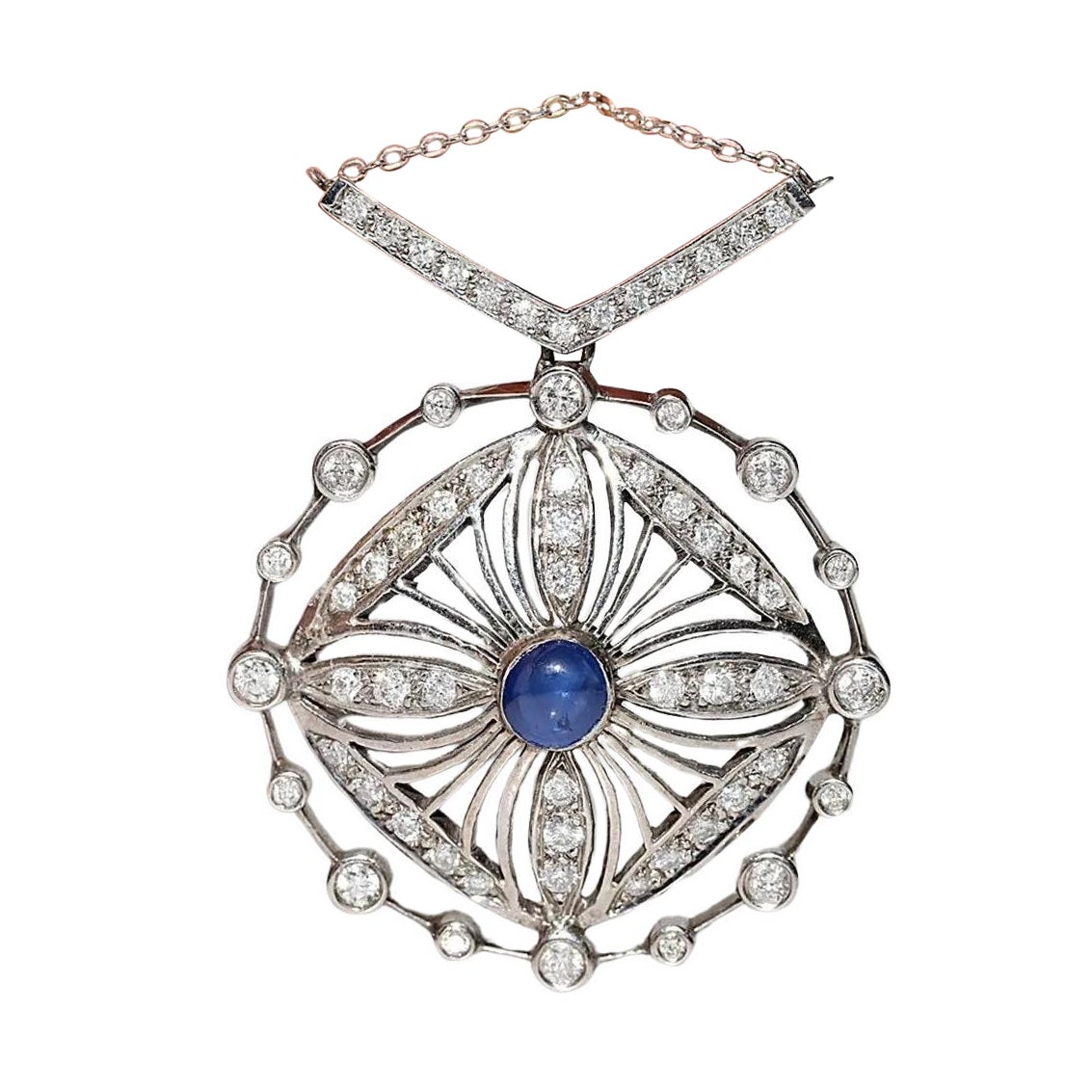 Collana con ciondolo in oro naturale e zaffiro, vintage, circa anni '70, in oro 14 ct.