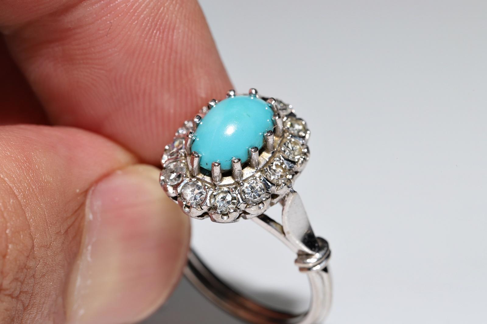 Vintage Circa 1970s 14k Gold Natural Diamond And Turquoise Decorated Ring  For Sale 6