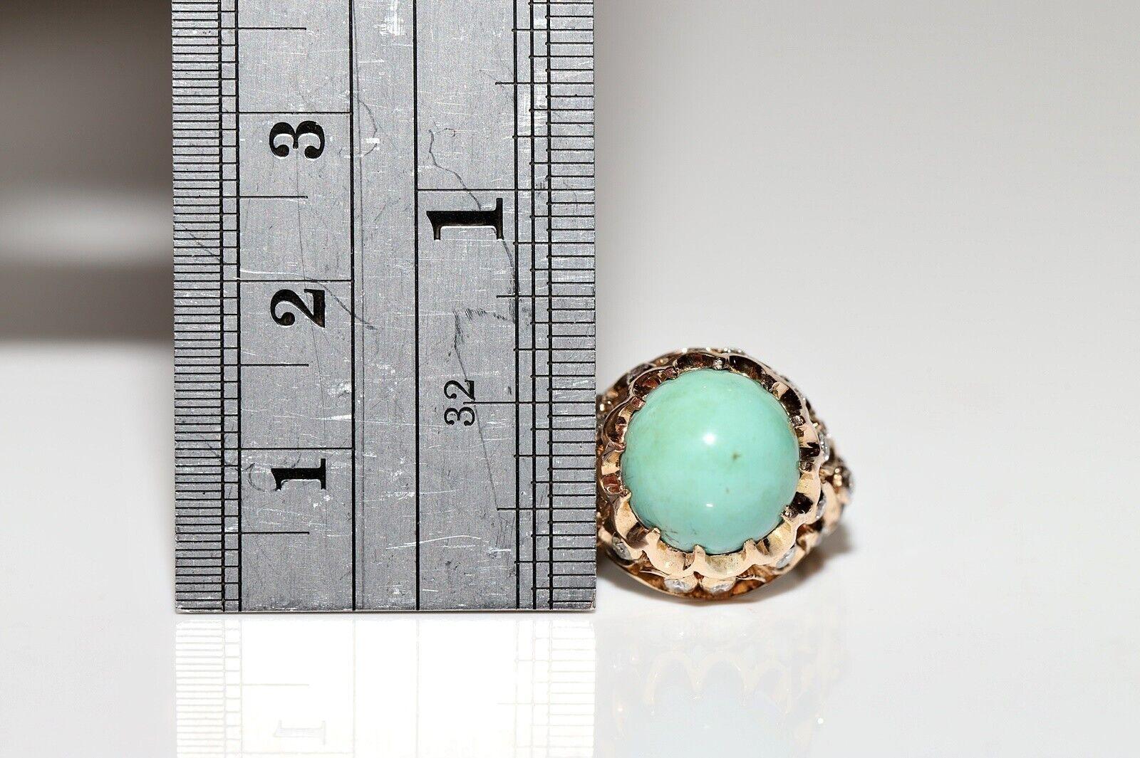Retro Vintage Circa 1970s 14k Gold Natural Diamond And Turquoise Decorated Ring For Sale