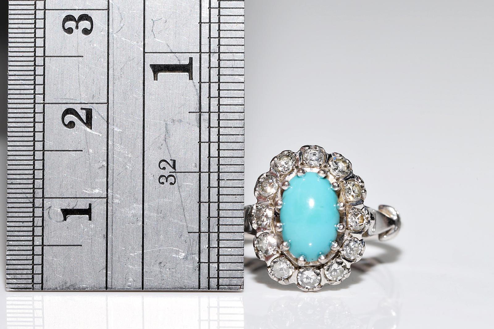 Vintage Circa 1970s 14k Gold Natural Diamond And Turquoise Decorated Ring  In Good Condition For Sale In Fatih/İstanbul, 34
