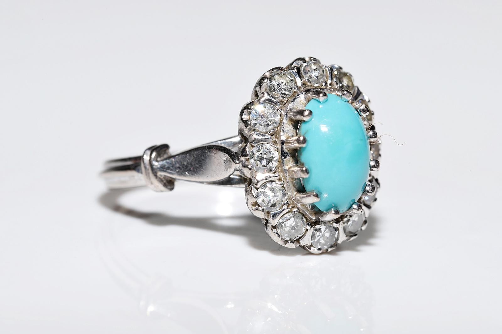 Women's Vintage Circa 1970s 14k Gold Natural Diamond And Turquoise Decorated Ring  For Sale