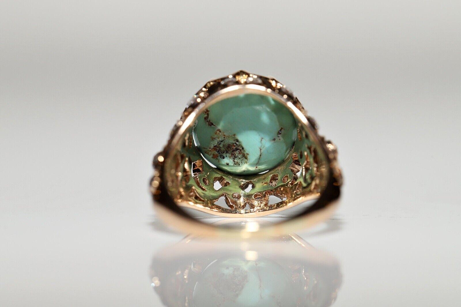 Women's Vintage Circa 1970s 14k Gold Natural Diamond And Turquoise Decorated Ring For Sale