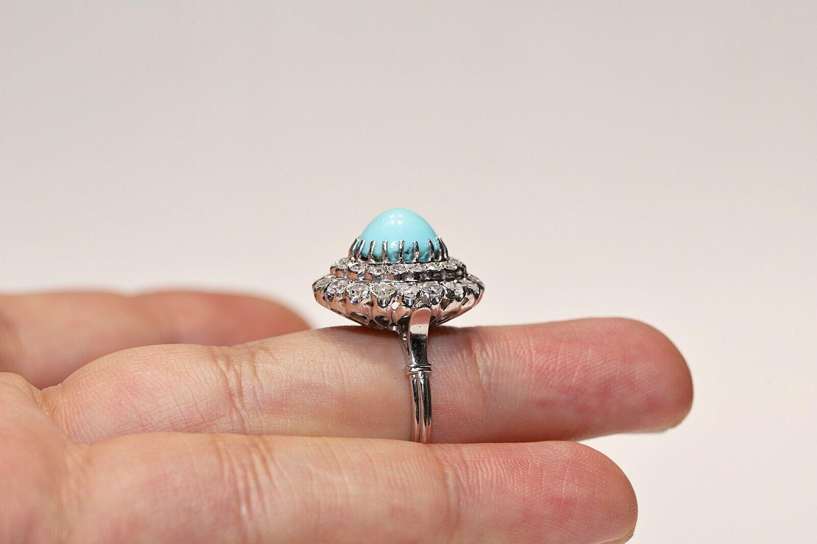Vintage Circa 1970s 14k Gold Natural Diamond And Turquoise Decorated Ring For Sale 2