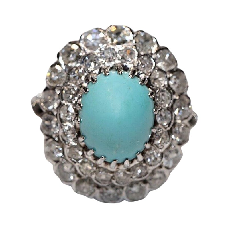 Bague vintage des années 1970 en or 14 carats décorée de diamants naturels et de turquoises
