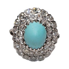 Vintage Circa 1970s 14k Gold Natural Diamond And Turquoise Decorated Ring